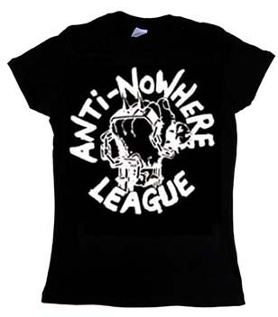 Anti Nowhere League- Spiked Fist on a black girls fitted shirt