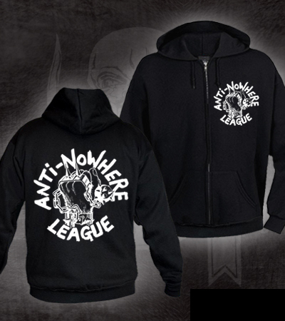 Anti Nowhere League- Fist on front and back on a black zip up hooded sweatshirt