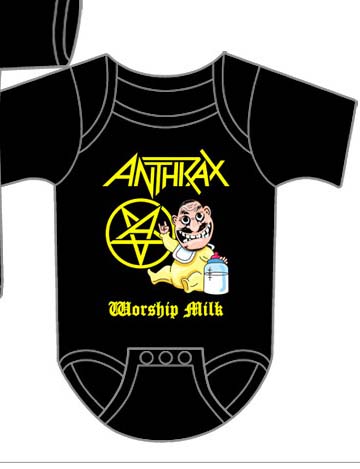 Anthrax- Worship Milk on a black onesie (S:0-6m, M:6-12m, L:12-18m, XL:18-24m)