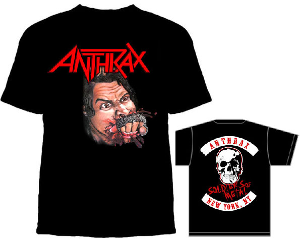 Anthrax- Fistful Of Metal on front, Soldiers Of Metal on back on a black shirt