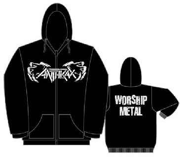 Anthrax- Claws on front, Worship Metal on back on a black zip up hooded sweatshirt