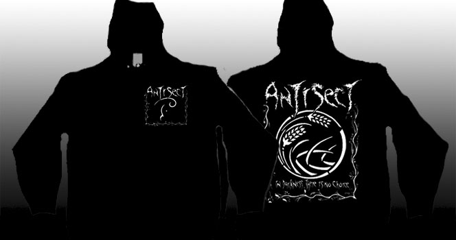 Antisect- Logo on front, In Darkness There Is No Choice on back on a black zip up hooded sweatshirt