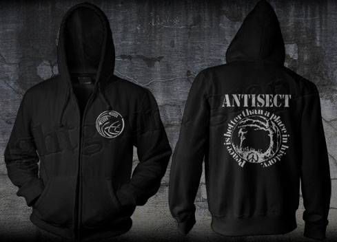 Antisect- Grain on front, Peace Is Better Than A Place In History on back on a black zip up hooded sweatshirt
