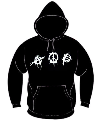 Anarchy Peace Equality on a black hooded sweatshirt