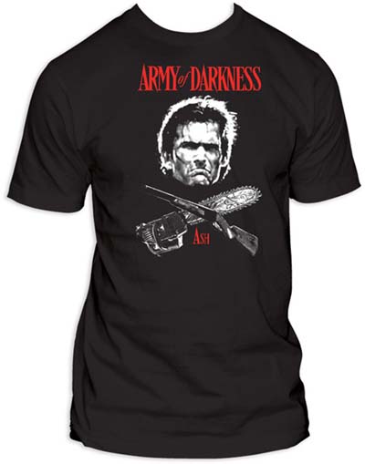 Army Of Darkness- Ash With Crossed Gun & Chainsaw on a black slim fit shirt
