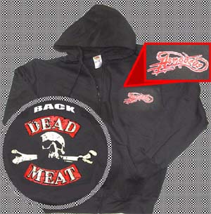 Asmodeus- Logo Embroidered on front, Dead Meat screened on back on a black zip up hooded sweatshirt (Sale price!)
