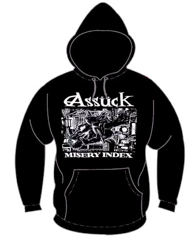Assuck- Misery Index on a black hooded sweatshirt