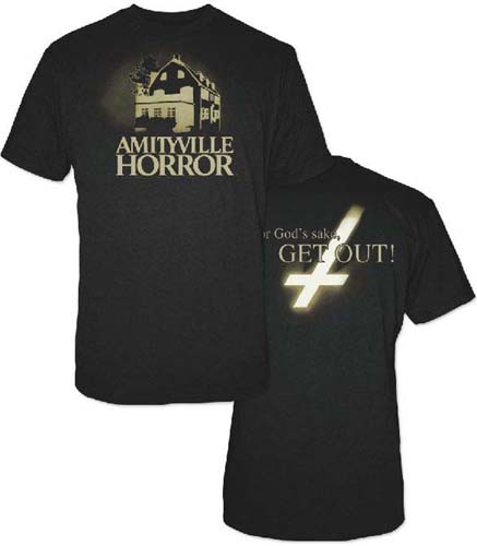 Amityville Horror- House on front, For God's Sake Get Out! on back on a black shirt