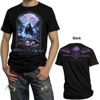 Avenged Sevenfold- Nightmare on front, Death Bat on back on a black shirt