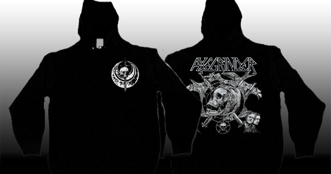 Axegrinder- Skull on front, Skull & Axes on back on a black zip up hooded sweatshirt