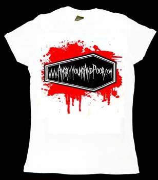Angry Young And Poor- Coffin Splatter on a white fitted girls shirt
