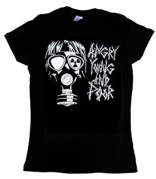 Angry Young And Poor- Gas Mask on a black fitted girls shirt