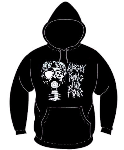 Angry Young And Poor- Gas Mask on a black hooded sweatshirt
