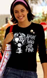 Show product details for Angry Young And Poor- Gas Mask on a black long sleeve fitted girls shirt