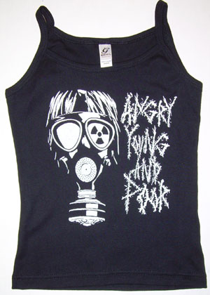 Show product details for Angry Young And Poor- Gas Mask on a black spaghetti strap girls fitted shirt