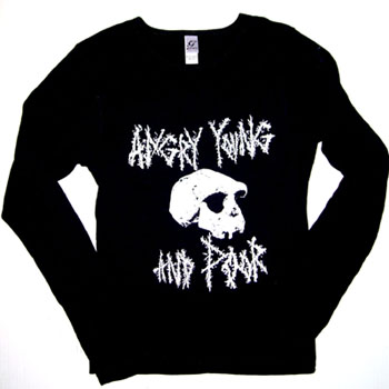Show product details for Angry Young And Poor- Skull on a black long sleeve fitted girls shirt