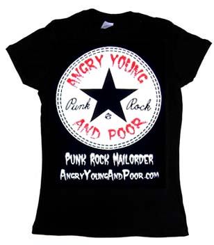 Angry Young And Poor- Star Logo on a black fitted girls shirt