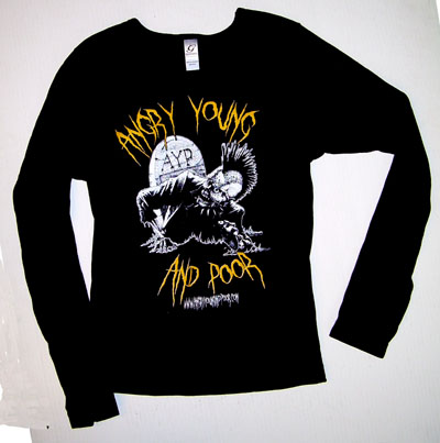 Show product details for Angry Young And Poor- Zombie on a black long sleeve fitted girls shirt