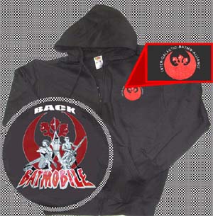 Batmobile- Inter Galactic Batmo Alliance Embroidered on front, Star Wars Band Pic screened on back on a black zip up hooded sweatshirt (Sale price!)