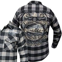Battleship guys button up flannel black/grey plaid shirt by Black Market Art Company - artwork by Britton McFetridge