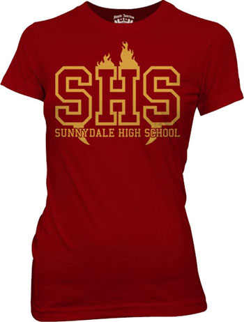 Buffy The Vampire Slayer- Sunnydale High School on a maroon girls fitted shirt