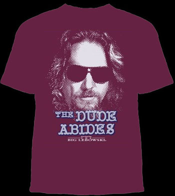 Big Lebowski- The Dude Abides on an eggplant shirt (Sale price!)