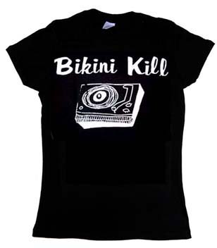 Bikini Kill- Record Player on a black girls fitted shirt