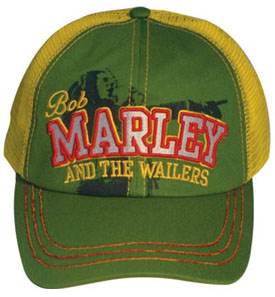 Bob Marley & The Wailers on a green/yellow trucker hat