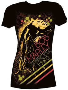Bob Marley- Uprising Tour 1980 on a black girls fitted shirt