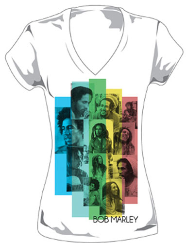 Bob Marley- Faces Collage on a white V-Neck girls fitted shirt