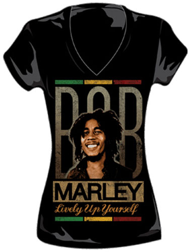 Bob Marley- Lively Up Yourself on a black girls fitted V-Neck Shirt