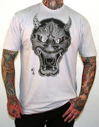 Japanese Demon Face on a grey slim fit shirt by Black Market Art Company (Sale price!)