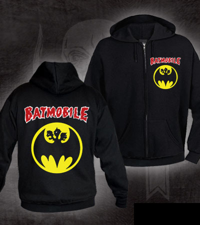 Batmobile- Batmosignal on front & back on a black zip up hooded sweatshirt