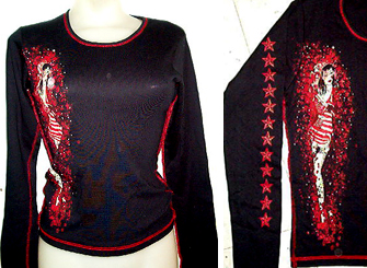 Bombshell USA Pinup Girl on front, Nautical Stars down each sleeve on a black long sleeve girls shirt with red stitching
