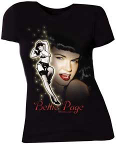 Bettie Page- Face & Pic on a black girls fitted shirt