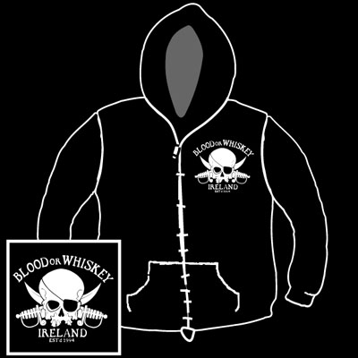 Blood Or Whiskey- Ireland Skull on front and back on a black zip up hooded sweatshirt (Sale price!)