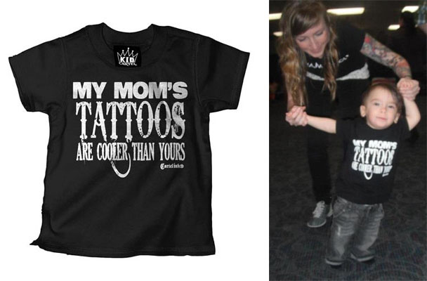 My Mom's Tattoos Are Cooler Than Yours on a black kids shirt by Cartel Ink