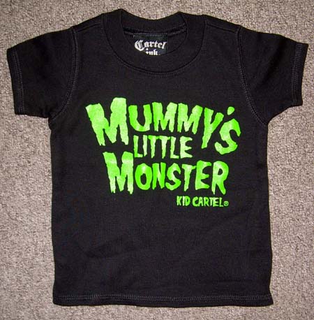 Mummy's Little Monster - green print - on a black kids shirt by Cartel Ink