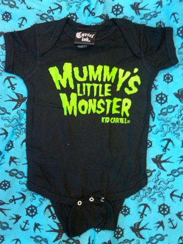 Mummy's Little Monster on a black onesie by Cartel Ink - green print (S:6m, M:12m, L:18m, XL:24m)