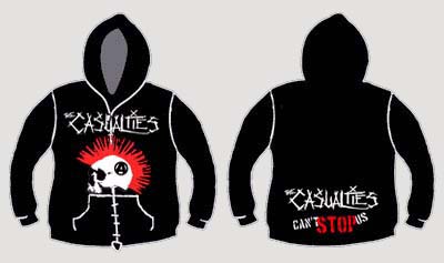 Casualties- Mohawk Skull on front, Can't Stop Us on back on a black zip up hooded sweatshirt