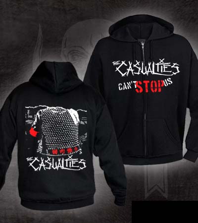 Casualties- Can't Stop Us on front, Studded Jacket on back on a black zip up hooded sweatshirt