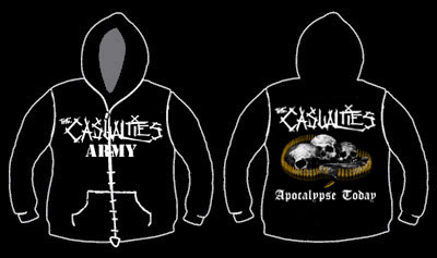 Casualties- Army on front, Apocalypse Today on back, Logo down sleeve and wolf head on hood on a black zip up hooded sweatshirt