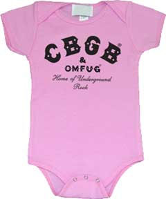 CBGBs- Logo on a pink one piece snap bottom baby shirt (S=0-6 mo, M=6-12 mo, L=12-18 mo, XL=18-24 mo)
