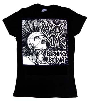 Chaos UK- Burning Britain on a black girls fitted shirt