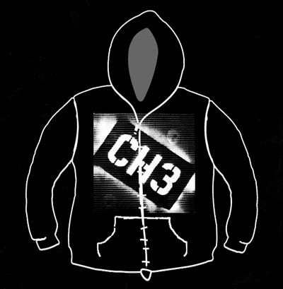 Channel 3- CH3 Logo on a black zip up hooded sweatshirt