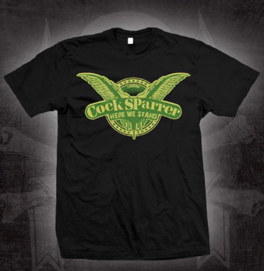 Cock Sparrer- Here We Stand (Green Wings) on a black shirt