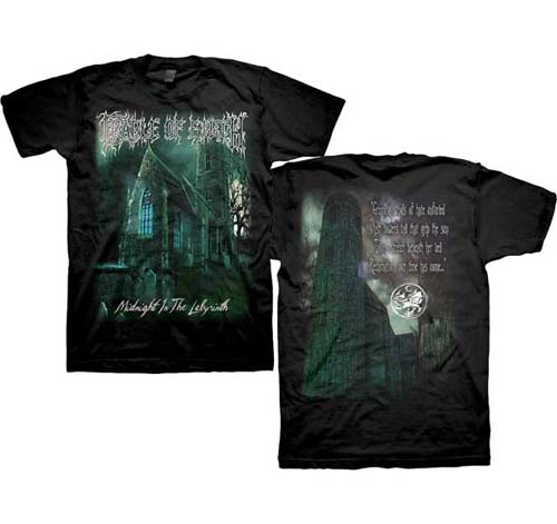 Cradle Of Filth- Midnight In The Labyrinth on front, Quote on back on a black shirt