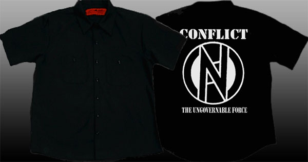 Conflict- The Ungovernable Force on back of a black short sleeve work shirt
