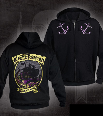 Creepshow- Anchors on front, Pirate Ship on back on a black zip up hooded sweatshirt