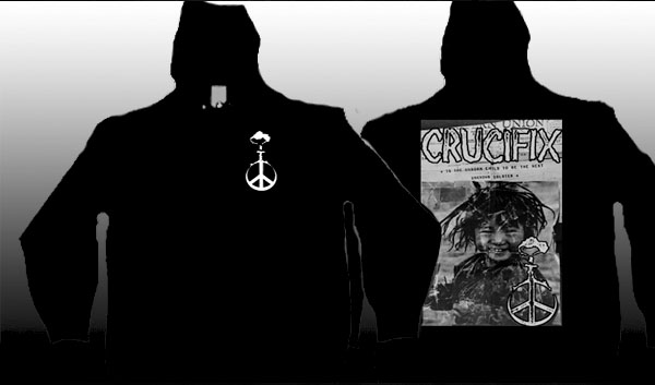 Crucifix- Nuke Blast on front, The Next Unknown Soldier on back on a black hooded sweatshirt